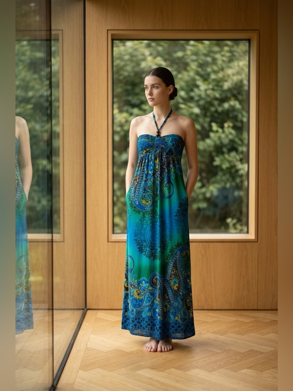 Silvergate Paisley Halter Print Maxi Dress in Blue-Green with padded Bra.